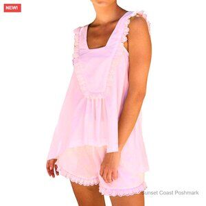100% Cotton Babydoll Cami Top Pajama Shorts Set Pink Ruffles Coquette New